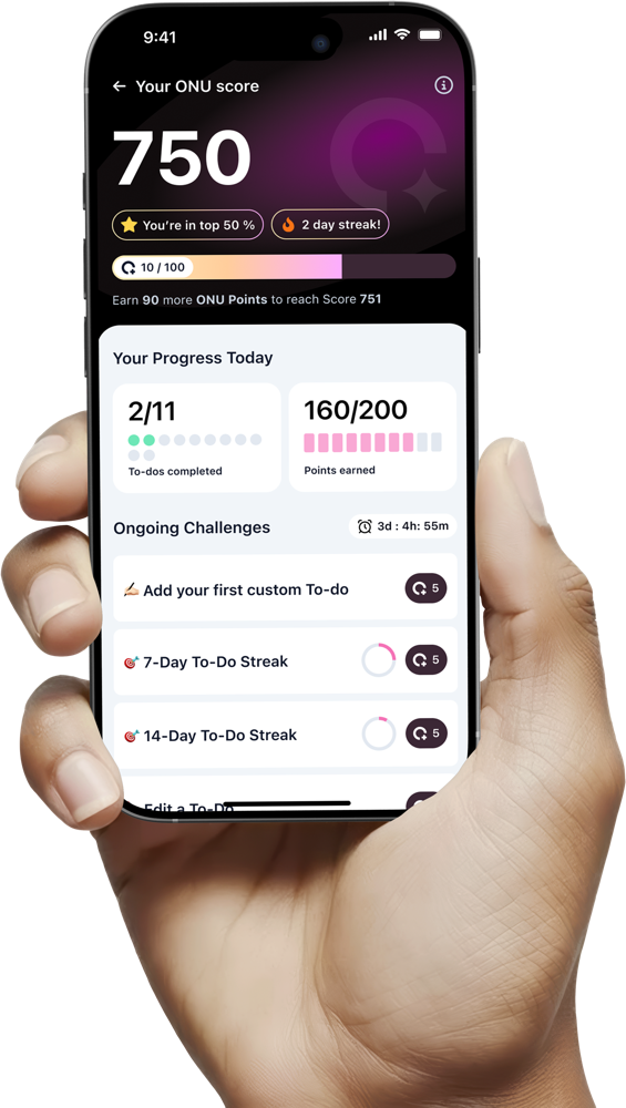 The ONU app's Your ONU score screen