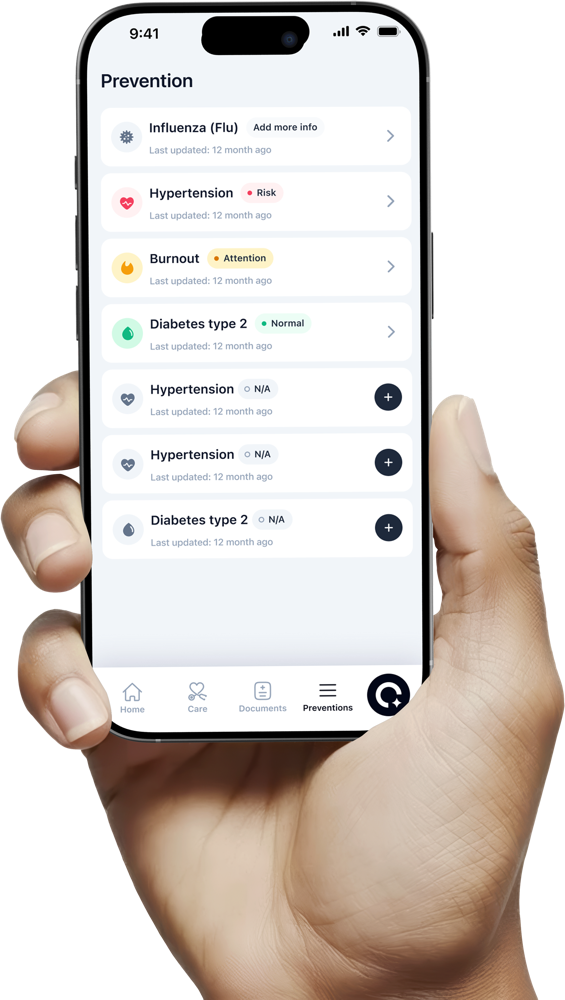 The ONU app's Prevention screen listing tracked conditions